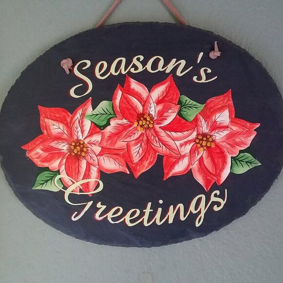 Christmas Painted Slate "Season's Greetings" Red Poinsettias 12 3/4" x 9 3/4" - Picture 2 of 10
